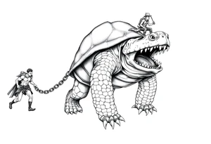 A giant walking 2 slaves on a chain leash an angry turtle with huge teeth with a little man riding on his back tattoo idea