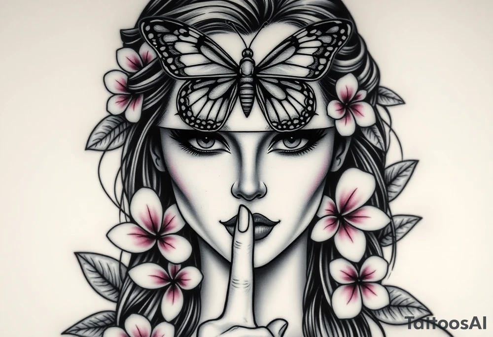 A round tgus women is beatiful pink plumeria flowers and leafs 
And as if in a garden a Womens realistic face  is looking forward and above her a butterfly is flying and the lower jalf of the butter flys wings the right end and left end covers both the womens eyes like a blind fold but only covers her forhead and two eyes you can see her cheeck bones her bose her ears and mouth she has long flowing hair thats flowing in the wind and down her back and side of her face and as her eyes are being covered by the right side and left ends of the butterflys wings she has her index finger to her lips as if telli g someone to not speak and both her hears are bleeding and the blood in running down both ears on side of her face tattoo idea