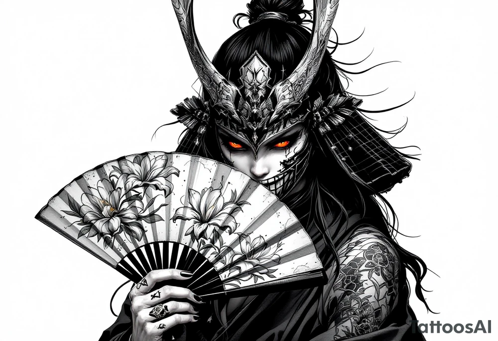 Woman samurai with red eyes wearing an half and broken kitsune mask, holding a japanese fan with Iris flowers tattoo idea
