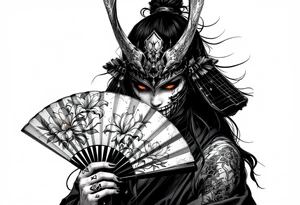 Woman samurai with red eyes wearing an half and broken kitsune mask, holding a japanese fan with Iris flowers tattoo idea