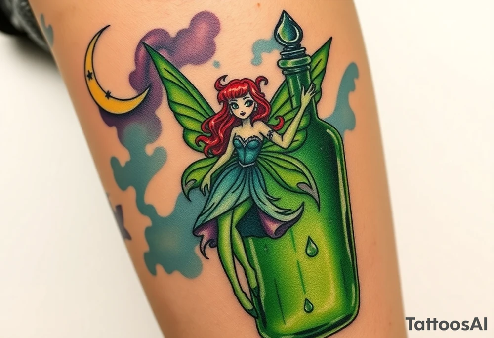 Tim Burton’s pin up style Vintage Parisian elegant and hauntingly beautiful yet eerie full body absinthe Green Fairy dances outside her victorian crystal decatur she was once inside this elaborate ornate bottle absinthe bottle Absinthe Art Nouveau   and dripping with muted reds, dusty pinks, and eerie green glow.purple and cyan smokey clouds swirl in the crescent moonlit sky thats sprinkled with stars tattoo idea