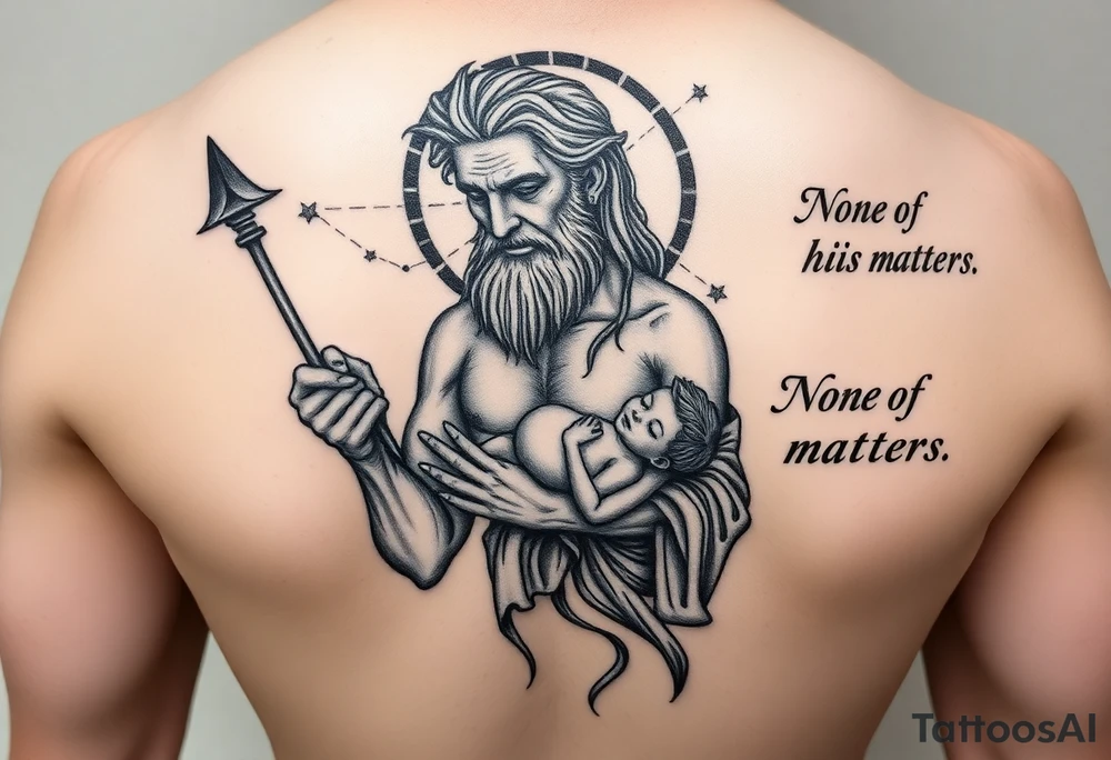 a tattoo design of the Greek God Saturn but older and nearly dying holding a spear with the astrology Saturn symbol as the spear head, in his other arms cradling a twin dying younger version of himself. The gemini constellation is in the background behind the Saturn Gods. The words "I'll be better on Saturn" on one side and "None of this matters" on the other side tattoo idea