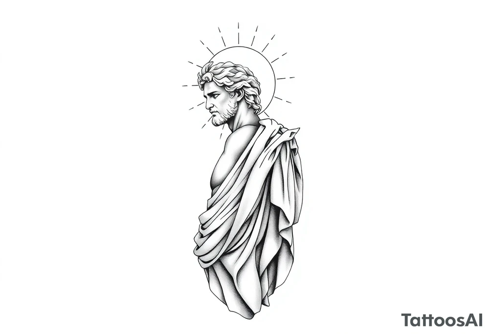Tattoo design, vertical full sleeve composition, black and grey fine line linework style. Full figure of Apollo, Greek god of light, depicted in classical marble statue style, wearing flowing ancient drapery cloth. Calm powerful stance, balanced proportions, serene expression. Radiant sun halo behind the head with geometric rays. Subtle sacred geometry and orbital cosmic elements surrounding the figure. Laurel wreath symbolism integrated. Light energy lines and minimal abstract flow shapes. Clean composition, elegant, not overcrowded. Include the quote in fine serif lettering: “Do. Or do not. There is no try.” Tattoo stencil design, white background, no dark horror elements, no wings, professional tattoo flash. tattoo idea