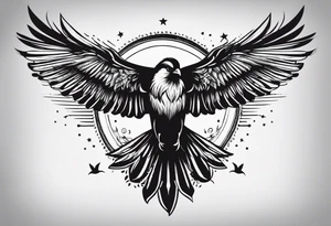 A Soaring bird with the text 1937-2023 underneath it in a simple style tattoo idea