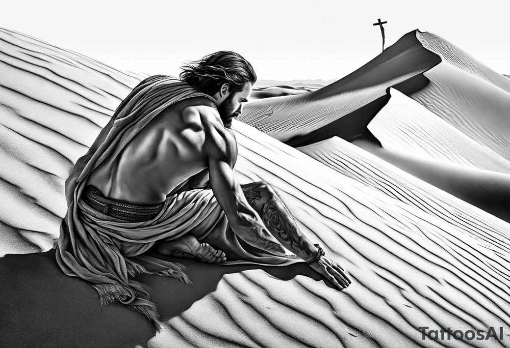 man crawling in a desert reaching to the cross of Christ tattoo idea