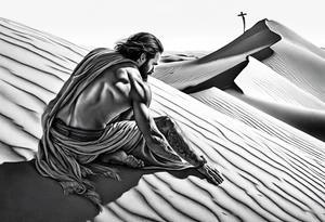 man crawling in a desert reaching to the cross of Christ tattoo idea