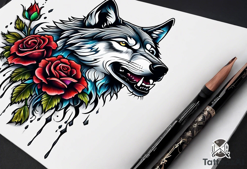 Wolf with skulls and roses tattoo idea