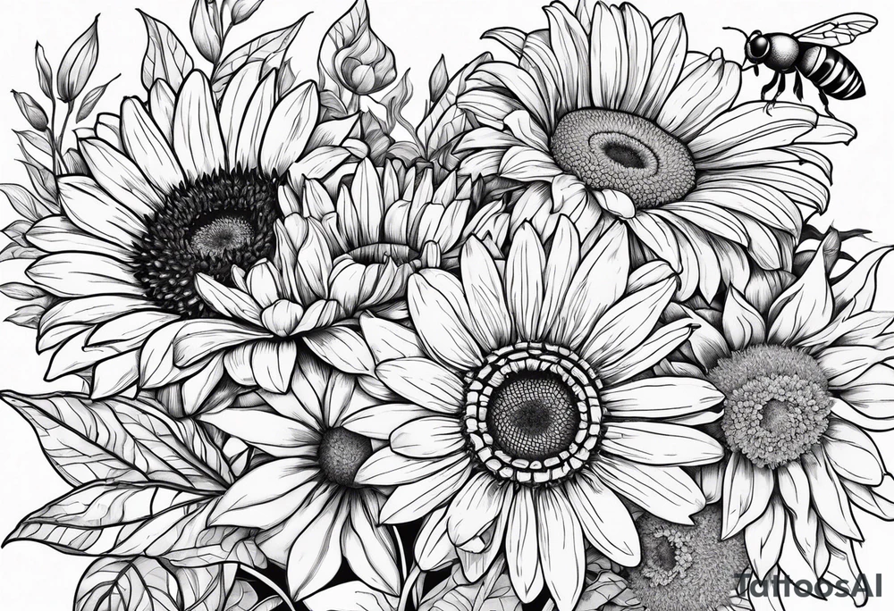 fine line drawing of gerber daisy lilies and sunflowers with a bee and a lady bug tattoo idea