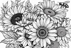 fine line drawing of gerber daisy lilies and sunflowers with a bee and a lady bug tattoo idea