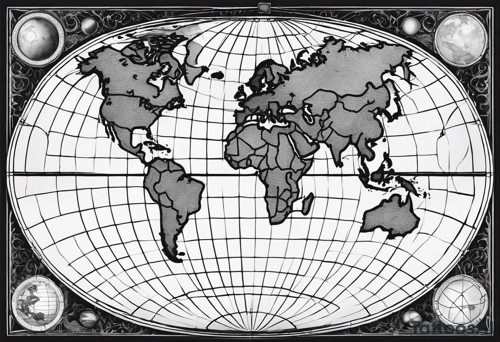 the earth on a flat map with light fading shading placed on a grid with only the lines with accurate depictions of the borders in countries while having it in an oval/circular position on a grid without any borders on the sides tattoo idea