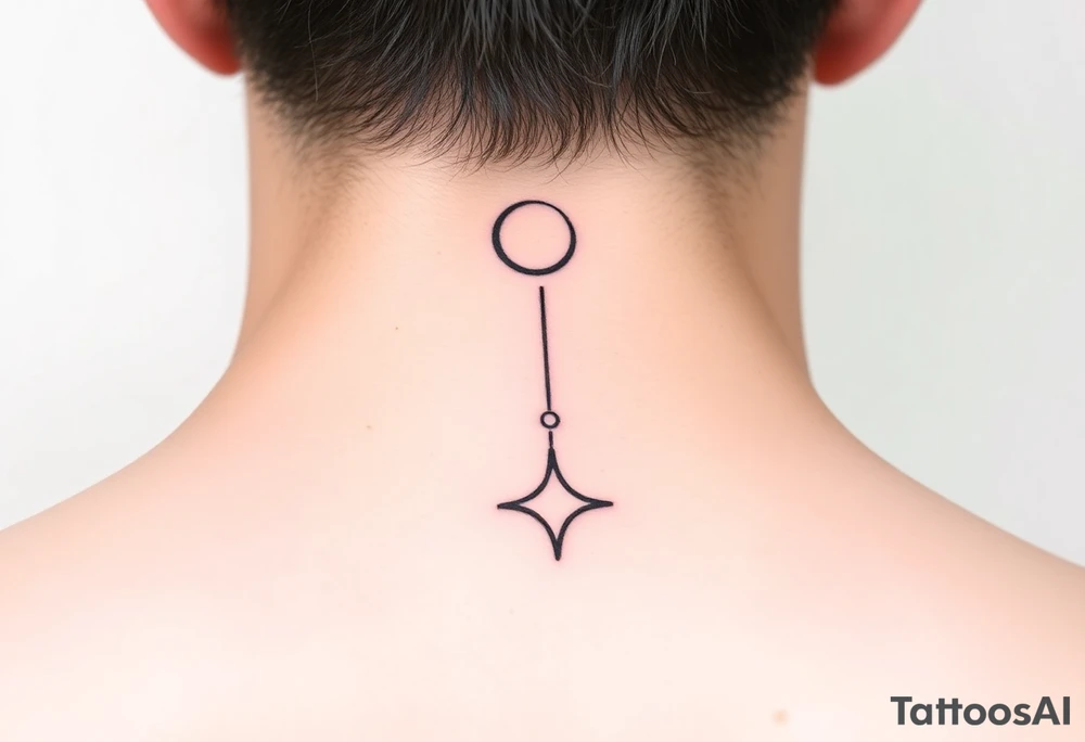 A minimalist crescent moon neck tattoo with a sleek, modern design. The crescent moon is positioned at the top, curving to the left, with a thin, clean line. Below the moon, there is a vertical line intersected by a sharp, star-like shape with four points. The star shape has elongated top and bottom points, giving it a clean, symmetrical look. The tattoo is placed behind the ear, following the natural curve of the neck. The lines are crisp and delicate, creating a stylish, celestial vibe." tattoo idea
