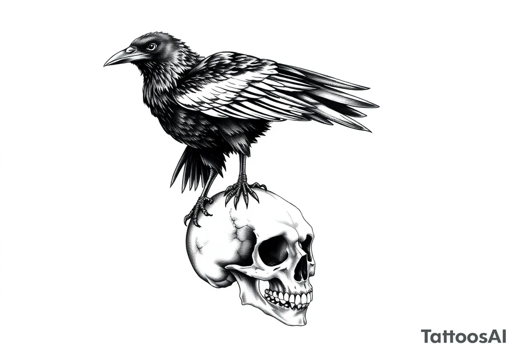 a raven stands on a skull,bones. tattoo idea