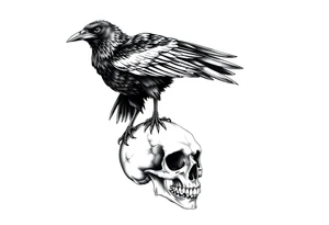 a raven stands on a skull,bones. tattoo idea