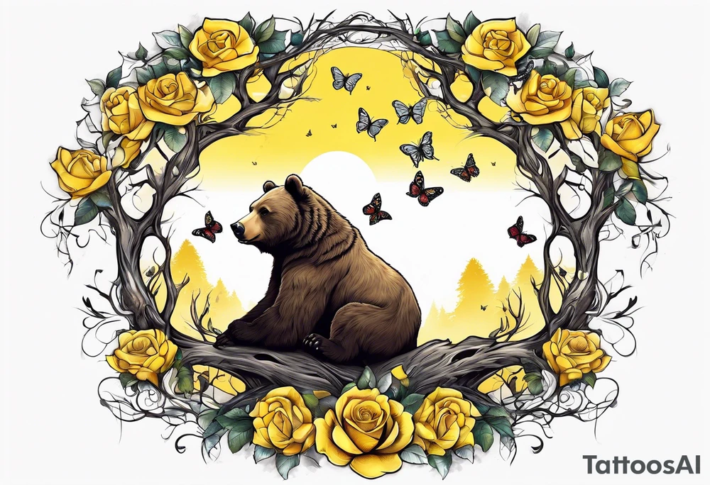 A bear sittng under the tree of life with three yellow roses, and three butterflies tattoo idea