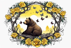 A bear sittng under the tree of life with three yellow roses, and three butterflies tattoo idea