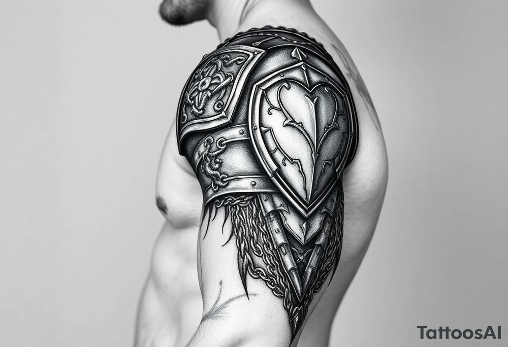 Chainmail and plate layered armor from top of trapezius to below elbow with an intricate plate armor piece with a heart on shoulder tattoo idea