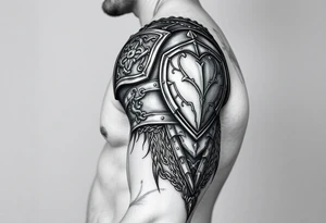 Chainmail and plate layered armor from top of trapezius to below elbow with an intricate plate armor piece with a heart on shoulder tattoo idea