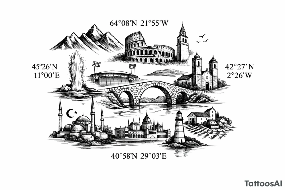Iceland x3 (sindri, ibv, stjarnan)
Italy x2 (Verona, Sassuolo)
Spain (Logrono)
Turkey x2 (Fenerbahce, Besiktas)
Hungary (Fradi)
France (Bordeaux) Something small that contains these countries or clubs no logos maybe coordinates tattoo idea