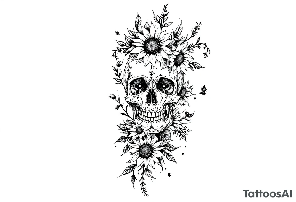 ornate skull adorned with wild roses and sunflowers tattoo idea