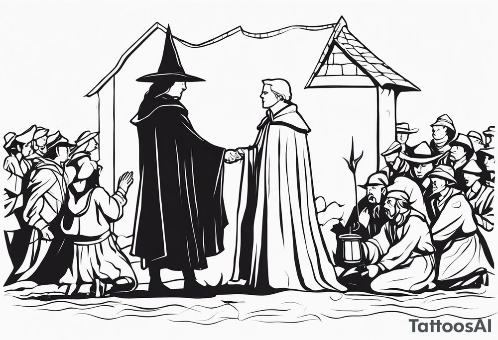 The accusation of a witch in the Salem trials. An otherwise quiet member of the community is accosted by a crowd, perhaps with a member of the clergy and a soldier of some kind present to take them into custody. tattoo idea