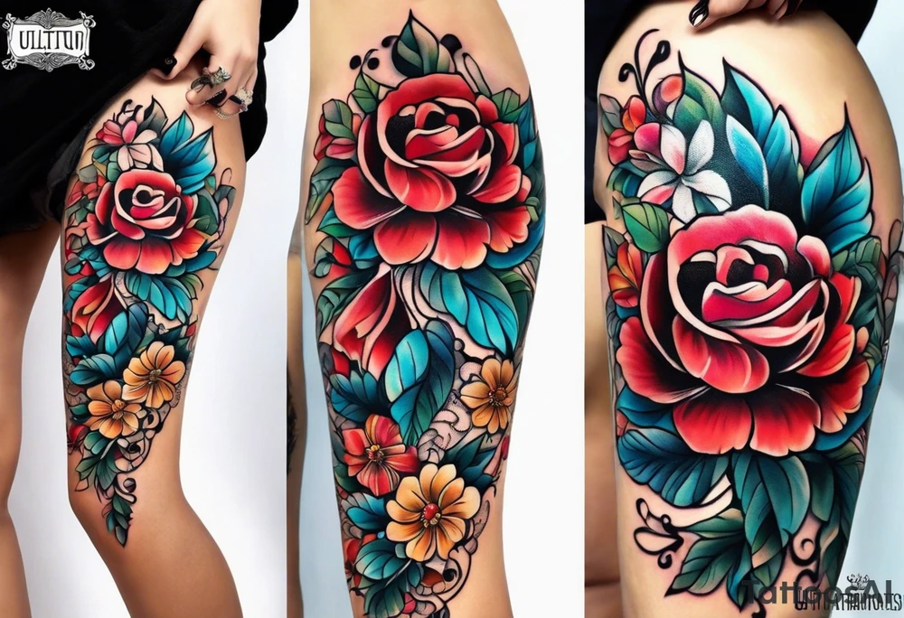 Floral leg piece with beading and lace tattoo idea. monochromatic colorful, old school flowers. tattoo idea