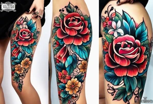 Floral leg piece with beading and lace tattoo idea. monochromatic colorful, old school flowers. tattoo idea