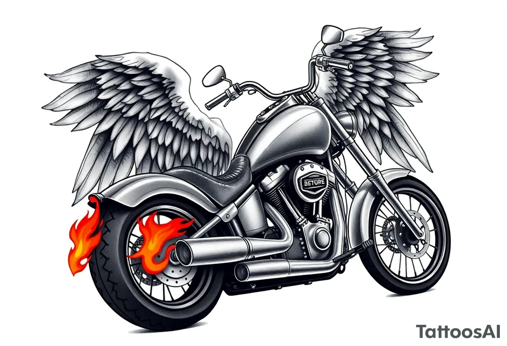 Low rider grey motorcycle, big muffler pipes with flames, angel wings, driving away, no person tattoo idea