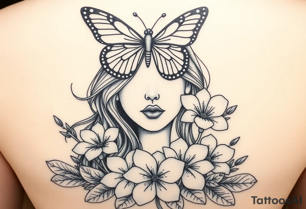 In the center above and flying butterfly that is bigger then flowers but not too big and then and flowers continue right under neath that a women with ling hair flowing her eyes are covered and not seen because the big butter fly avouve is covering her eyes so all you see is her small nose and her lips but her lips are sown shut like stiches and she has her hands covering bother her ears rose bush mixed with some Beautiful pink plumeria tattoo idea
