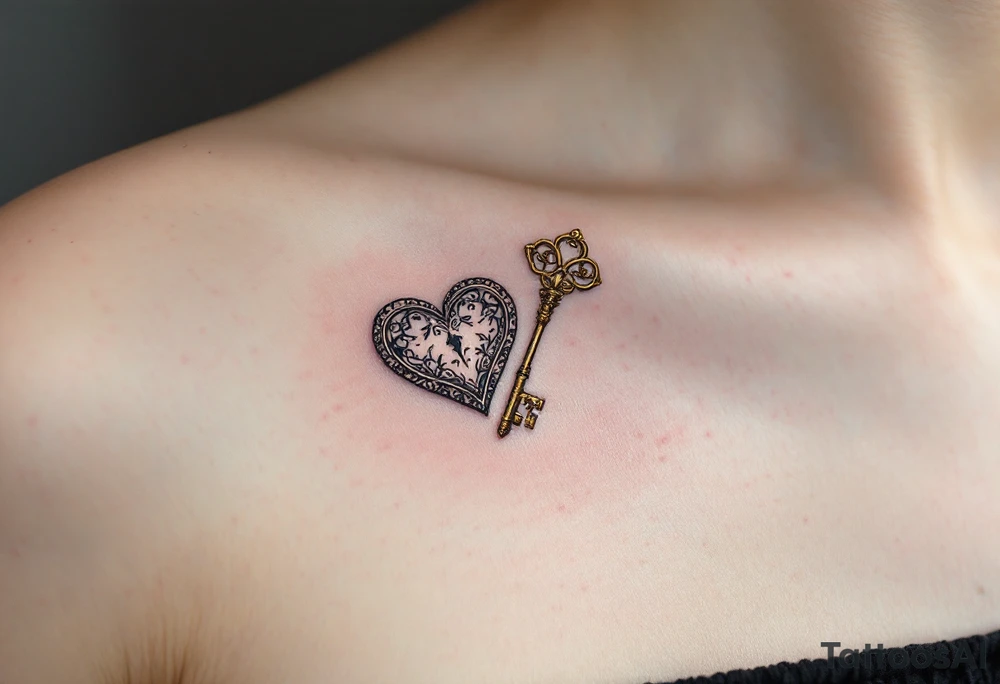 Two Halves of a Heart-Shaped Lock and Key – One half features a silver heart-shaped lock with floral engravings, the other a golden antique key glowing subtly with warmth. tattoo idea