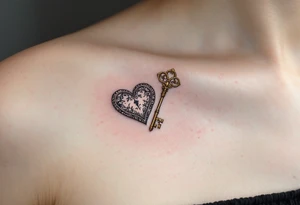 Two Halves of a Heart-Shaped Lock and Key – One half features a silver heart-shaped lock with floral engravings, the other a golden antique key glowing subtly with warmth. tattoo idea
