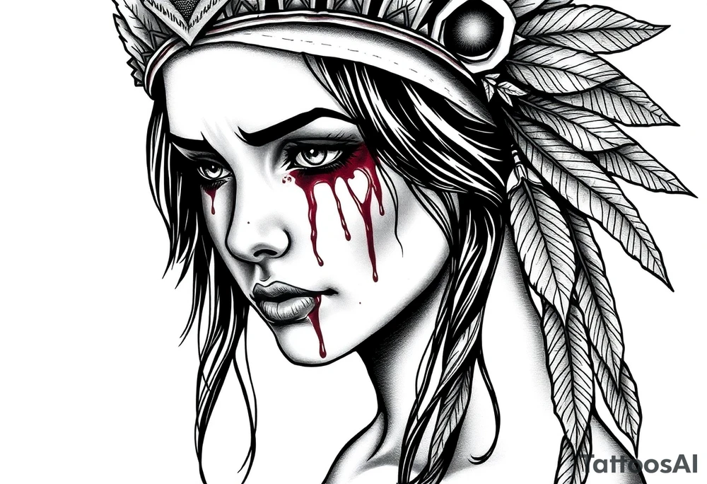 Beautiful Womans shedding a tear, with battle scars and blood on face, wearing a mean looking bear headdress on head tattoo idea