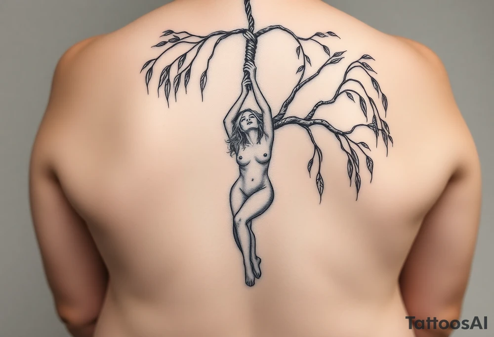 Fat naked sexy woman hanging with a noose around her neck dying from aweeping willow tree tattoo idea