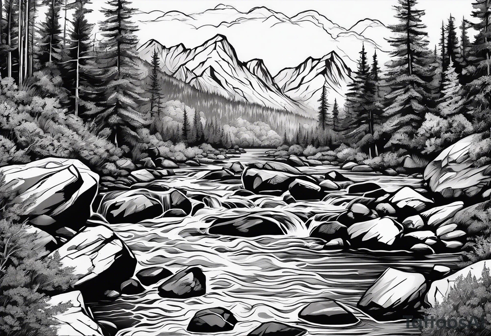 forrest 
river running through rocks and mountains 
open tattoo idea