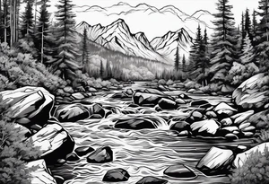 forrest 
river running through rocks and mountains 
open tattoo idea
