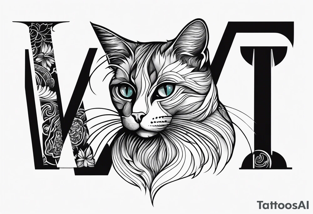 a walking cat with the letter W, I, T and 10 on its body tattoo idea