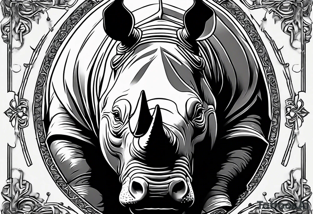 A front-facing rhino head with a sharp elongated tusk that is angry and fierce. Ears pointed straight up and forward a bit. Eyes that pierce your soul. A snarling jowel tattoo idea