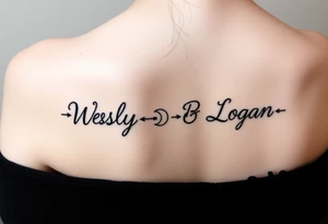 Name tattoo with Wesley, Brantley, Logan with entwined arrows and moons tattoo idea
