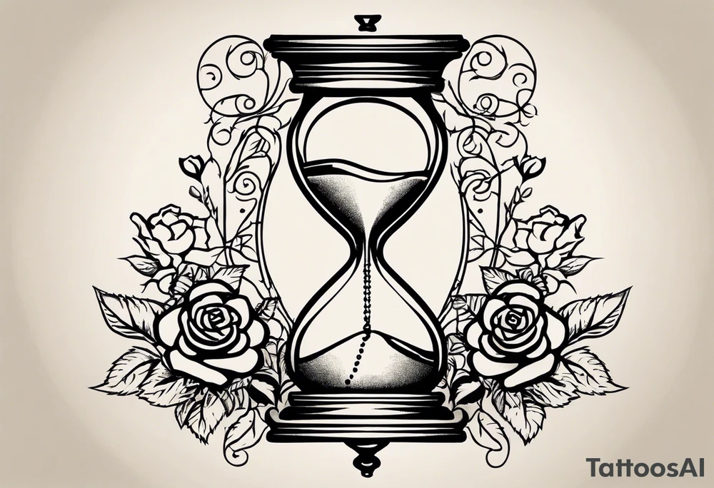I want a tattoo-inspired design for a t-shirt that features a striking hourglass with a hand clock in the center, where the clock numbers are Amazigh numerals. The hourglass should have a bold, detailed look, with sharp lines and shading. Thorny roses should wrap tightly around the hourglass, with their vines and thorns creating a sense of depth and movement. Planets and stars should be incorporated in a way that they appear to orbit or emerge from behind the hourglass, giving the design a cosmic, timeless feel. The overall aesthetic should be bold and detailed, similar to blackwork tattoo designs, with a mix of natural and celestial elements."
black and whit design tattoo idea