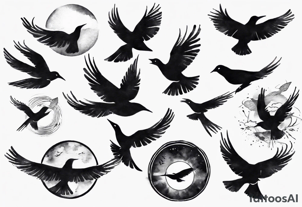 shoulder tattoo with light rays with birds flying free among the clouds, round shape, 3d effect tattoo idea shoulder tattoo with light rays with birds flying free among the clouds, round shape, 3d effect tattoo idea