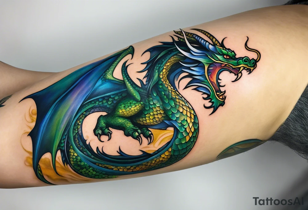 An epic dragon wraps around the calf, its body coiling dynamically, with scales and horns detailed to create a sense of movement and strength. The dragon features accents in green, blue, and gold, giving a vibrant depth and a mystical aura. This tattoo highlights the dragon’s fierce expression and sharp claws as it wraps protectively around the leg. Style: Realism tattoo idea