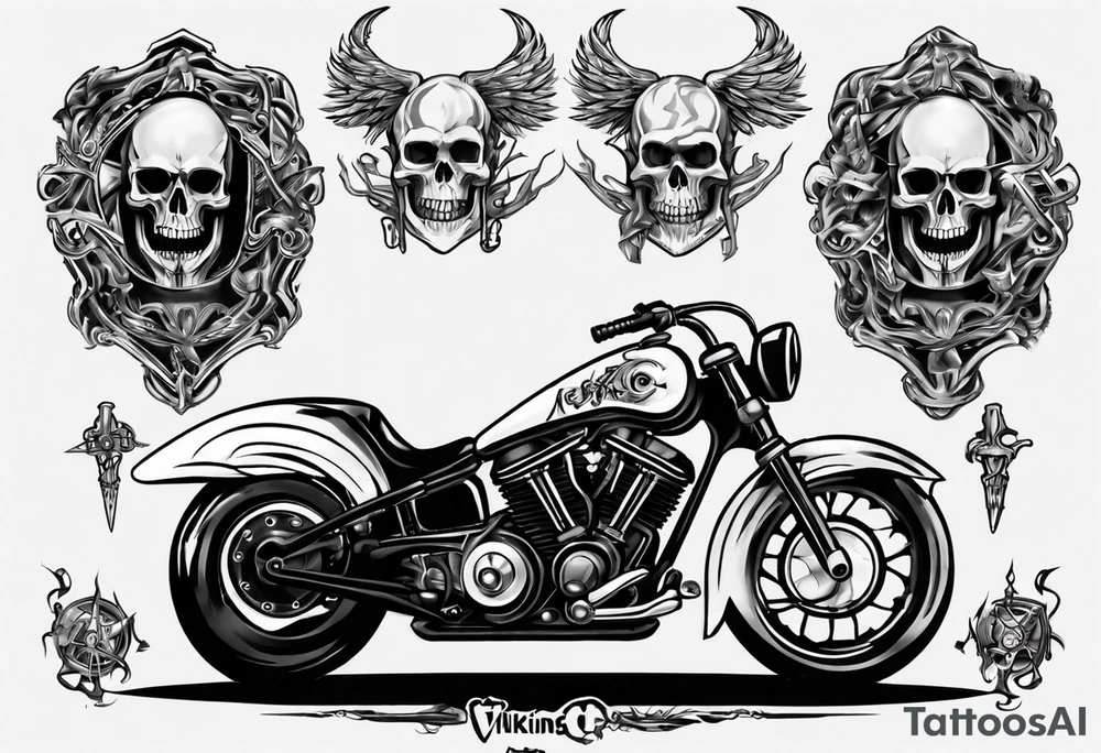 I want a tattoo of a motorcycle and a skeleton in the back with the name “Viking Customs” incorporated in the design tattoo idea