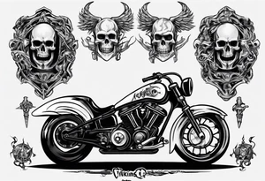 I want a tattoo of a motorcycle and a skeleton in the back with the name “Viking Customs” incorporated in the design tattoo idea