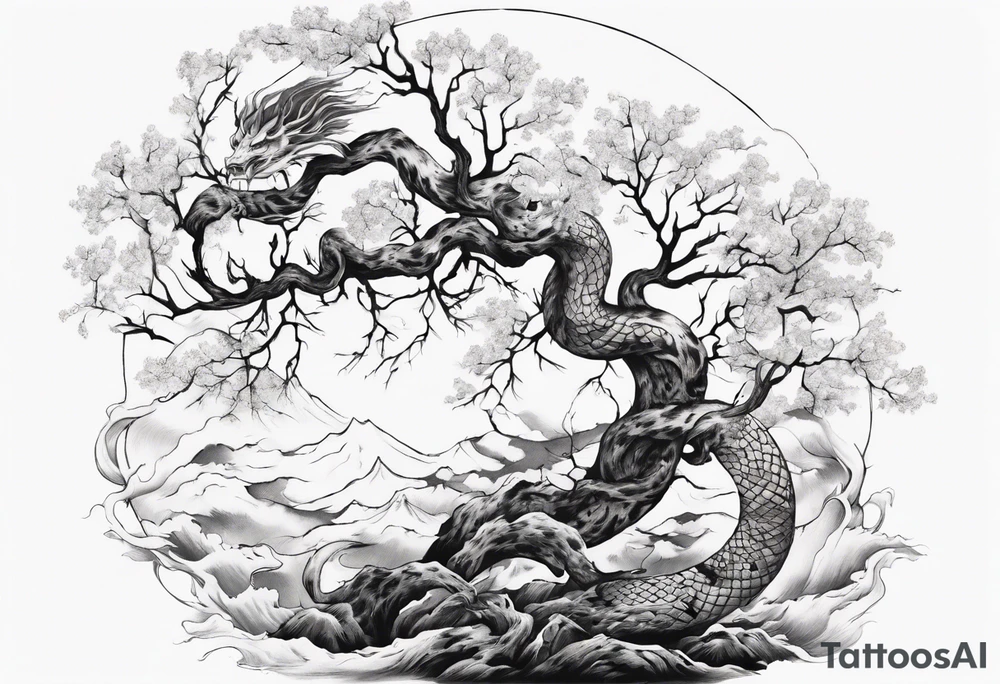 bare tree with a serpent below tattoo idea