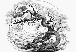 bare tree with a serpent below tattoo idea