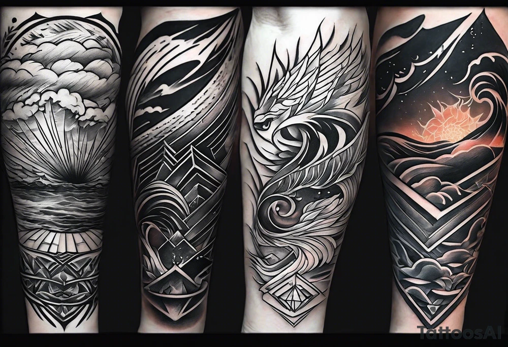 From left shoulder to forearm sleeve tattoo. Fine line geometric, concept design tattoo, ocean thunder fire nature tattoo idea