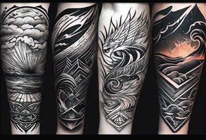 From left shoulder to forearm sleeve tattoo. Fine line geometric, concept design tattoo, ocean thunder fire nature tattoo idea
