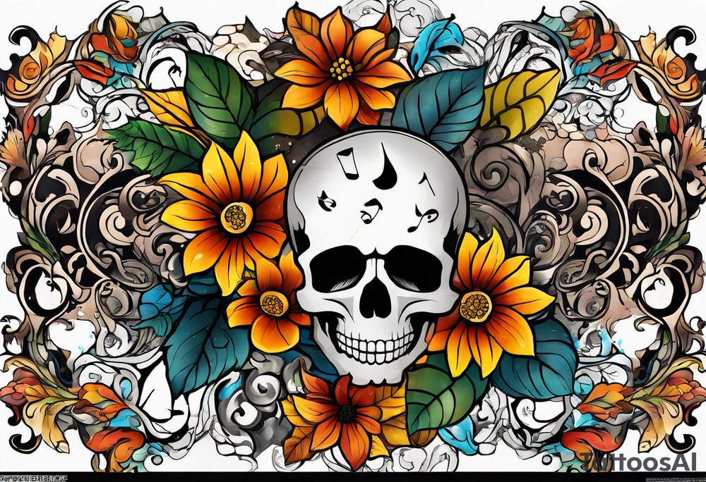 arm sleeve with fall colors, flowers, water flow shapes, leaves and various natural shapes, music notes, skulls tattoo idea