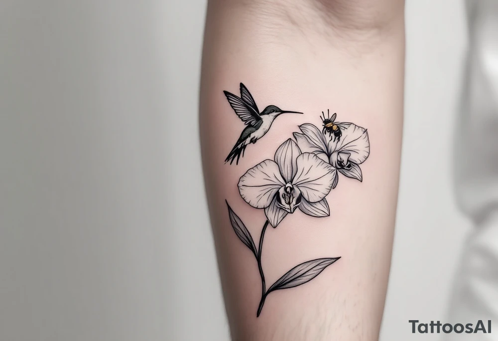 A delicate, black and white fine-line tattoo for male, featuring gracefully detailed 2 orchids in full bloom including their stems, with soft, intricate petals and elegant curves. Beside it, a hummingbird hovers mid-flight, its wings drawn with subtle motion lines, its slender beak reaching toward the orchid’s center to drink its nectar. on the other flower there is a bee that is resting tattoo idea