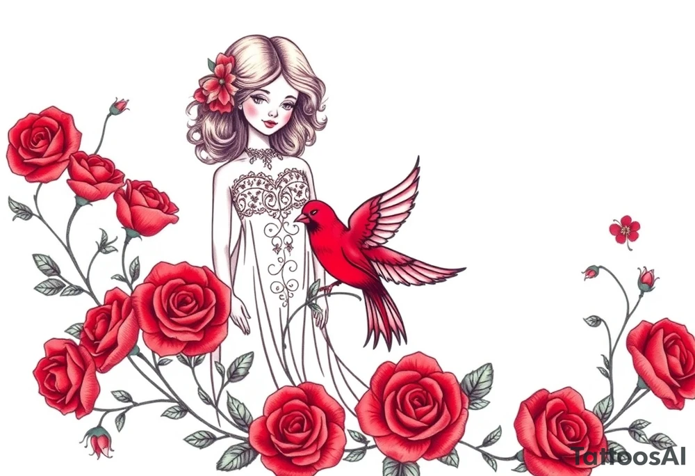 Vintage dollies, red roses, lace, red bird, vintage, wrap around, tighter together, no space open tattoo idea