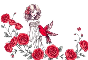 Vintage dollies, red roses, lace, red bird, vintage, wrap around, tighter together, no space open tattoo idea